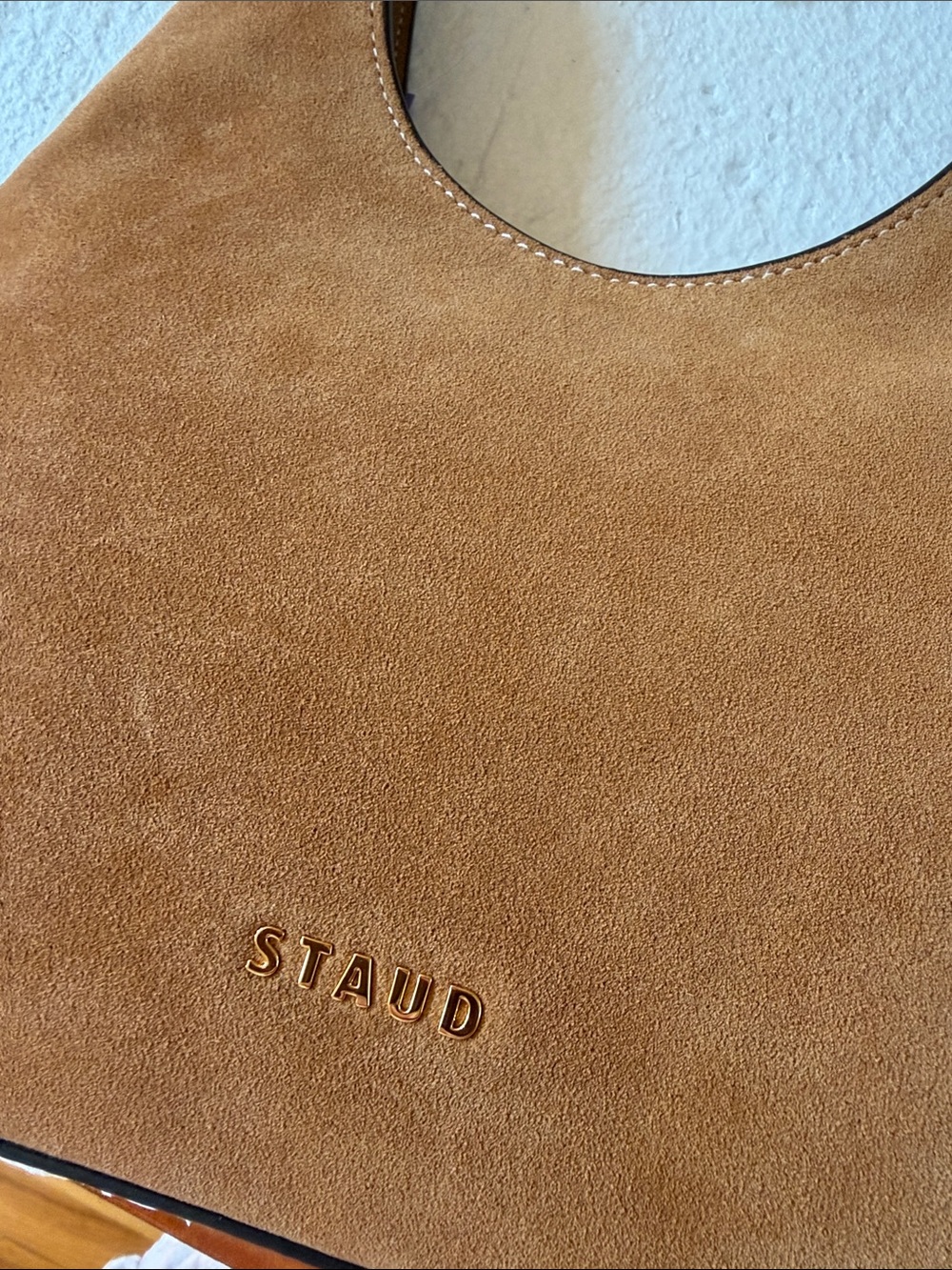 NWT STAUD Brown Suede Shoulder Bag with Black Handle with dust bag - Picture 3 of 6